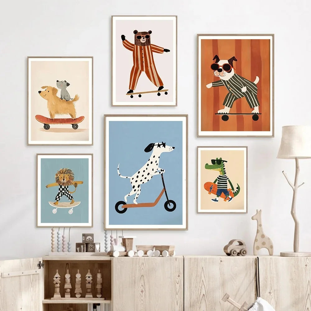Funny Animals Rabbit Dog Cat Skateboard Posters Prints Wall Art Canvas Neutral Nursery Picture for Baby Kids Room Decor Unframed