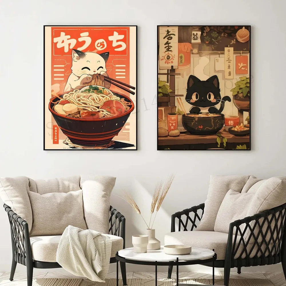 1pc Hot Style Kawaii Japanese Ramen Animal Cat Poster HD Posters Home Room Bar Cafe Decor Art Wall Painting Picture