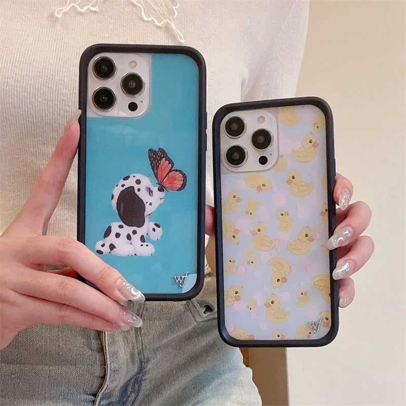 Wildflower Cartoon 3D Cute Dog Cat Anti-Fall Phone Case for iPhone 15 14 13 16 Pro Max WF Pet Duck butterfly Shockproof Cover