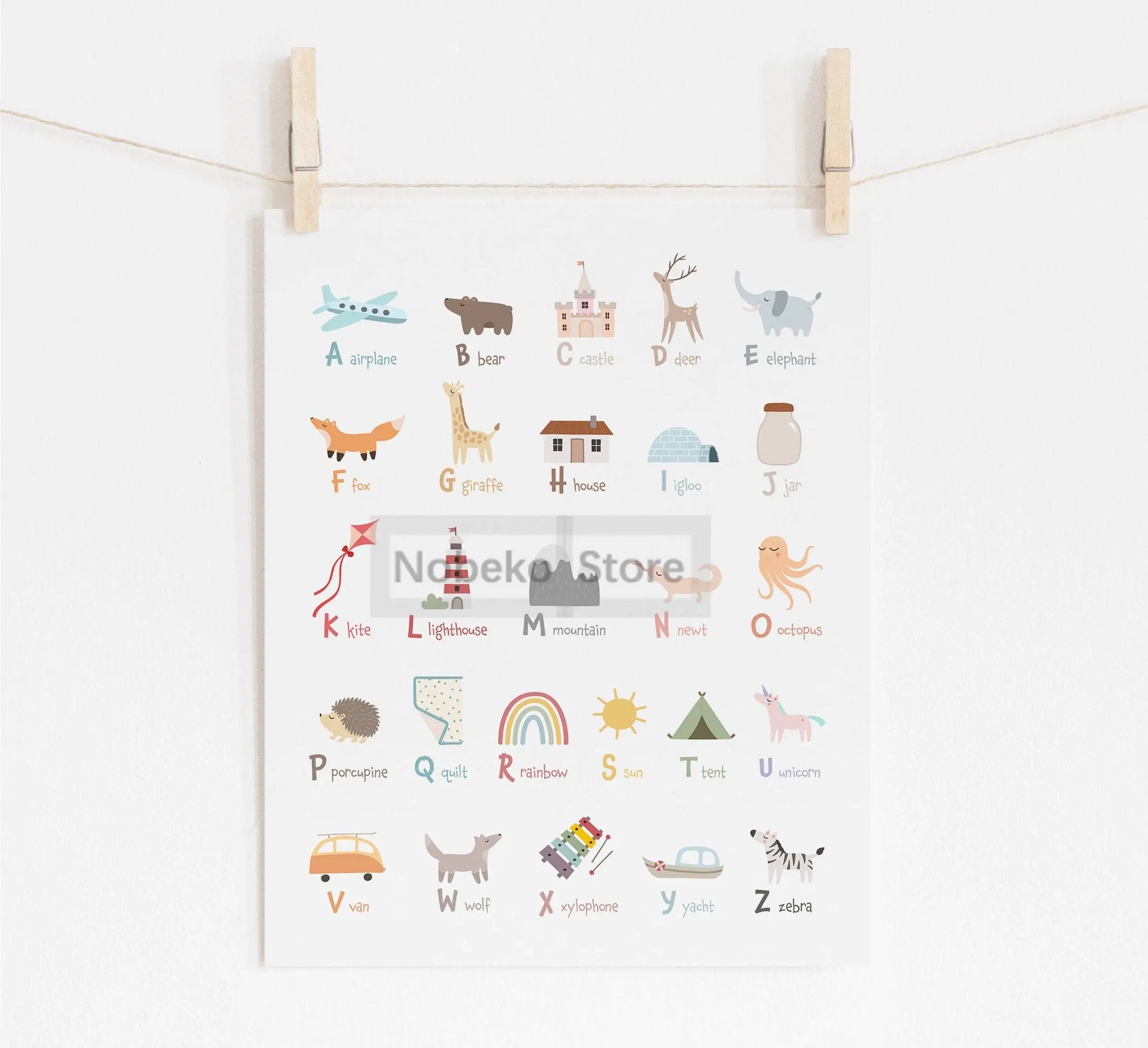 Animal Alphabet Educational Posters Watercolor Animals Prints Canvas Wall Art Pictures Neutral Nursery and Playroom Decoration