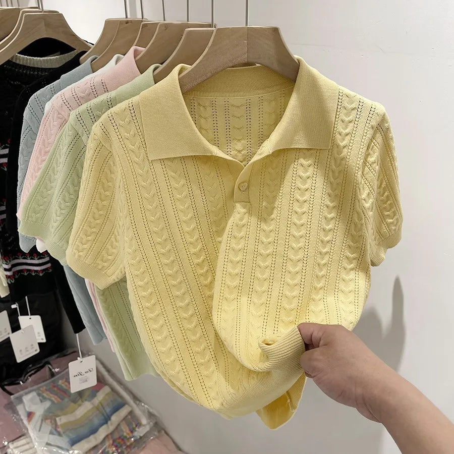 Summer Soft and Sticky POLO Collar Ice Silk Knitted Sweater for Women with A Niche Short Sleeved Design and Thin Top