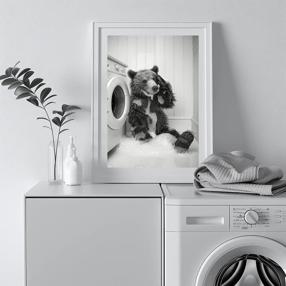 Cute Giraffe Penguin Tiger in Washing Machine Poster Laundry Room Decor Picture Funny Laundry Wall Art Utility Room Print Canvas