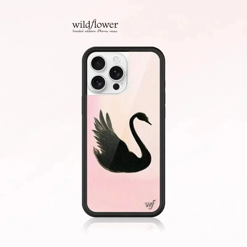 Wildflower 3D Black Swan Phone Case for iPhone 12 13 14 15 16 Pro Max Plus Fashion Sweet-Swan Lake Soft Edge Back Cover Cases
