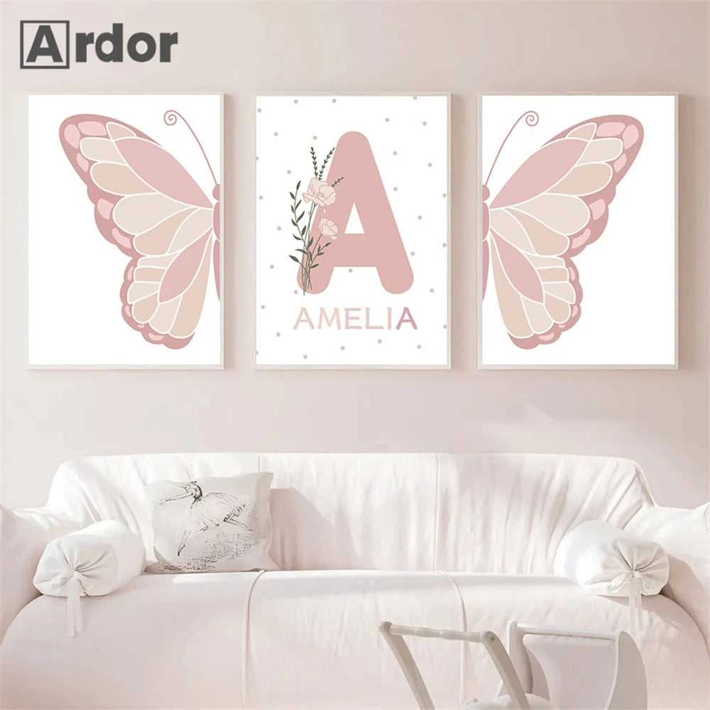 Pink Heart Nursery Poster Sun Daisy Butterfly Rainbow Wall Art Canvas Painting Personalized Name Print Pictures Girl Room Decor