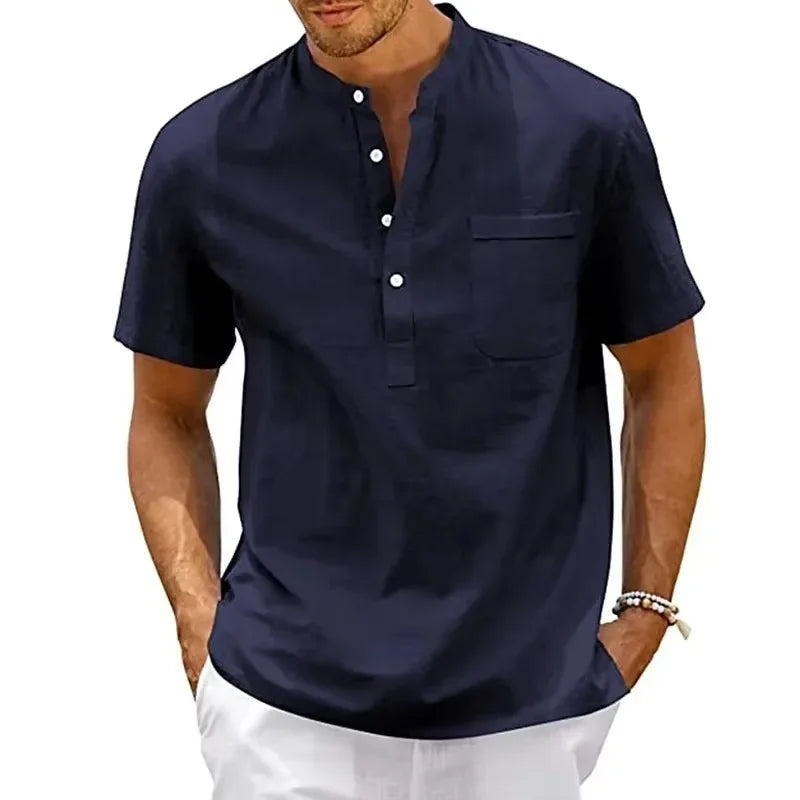 Summer Men's Short Sleeve Cotton Polo Shirts Solid Color Stand Loose Pullover Shirts Thin Soft Breathable Button T-shirt Top