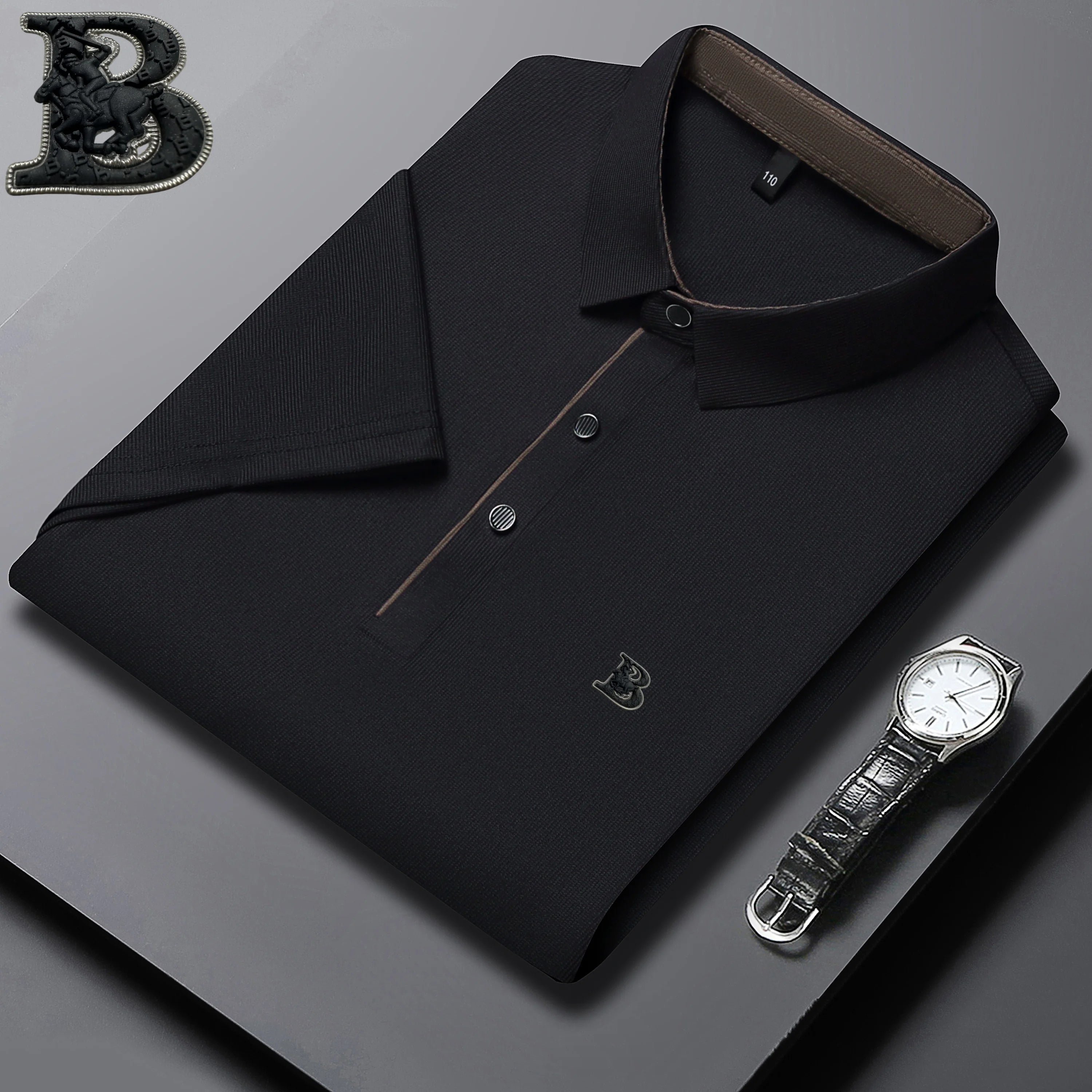 New Summer Men's Elastic Breathable Short Sleeve Designer Luxury Embossed Polo Shirt Fashionable Slimming Business Casual Tshirt