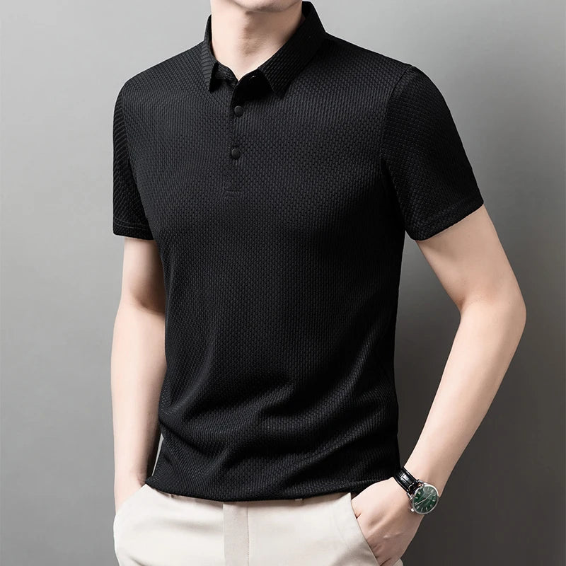 2025 Men's Business Casual Short Sleeved Bone Flower Solid Color POLO Shirt Fashion Breathable Comfortable Summer Versatile Top