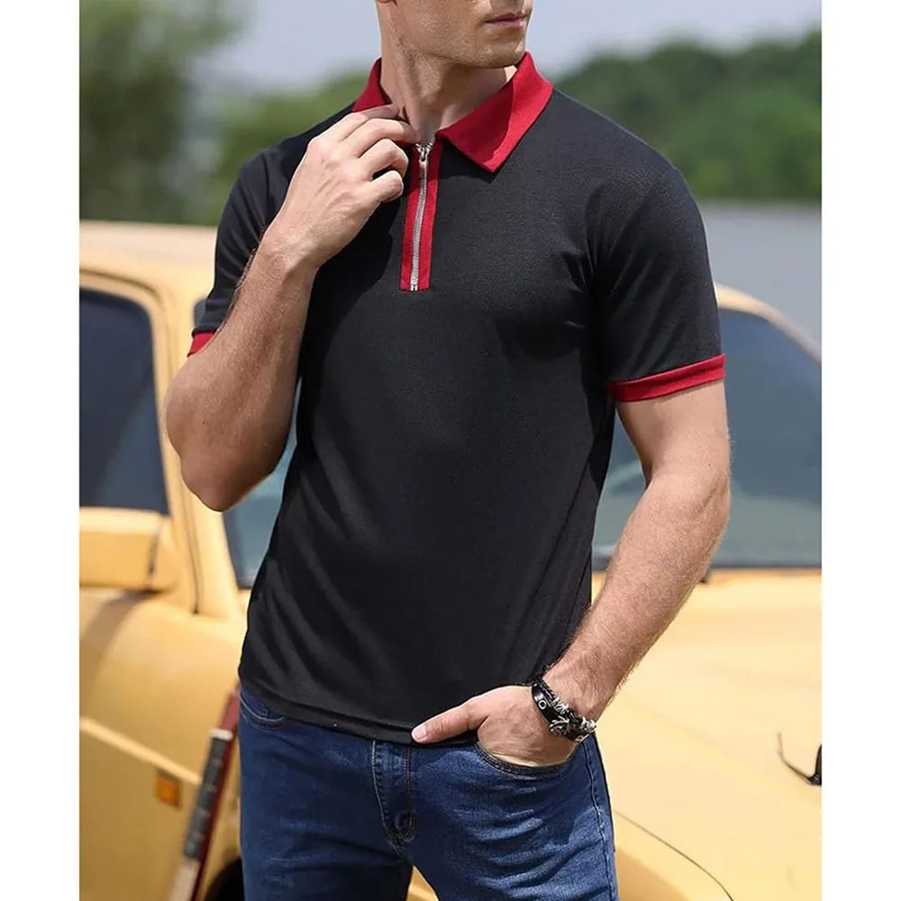 Summer Men's Polo Shirt Contrast Color Half Zipper Turn-down Collar Breathable Short Sleeve Tops Male Casual T-shirts