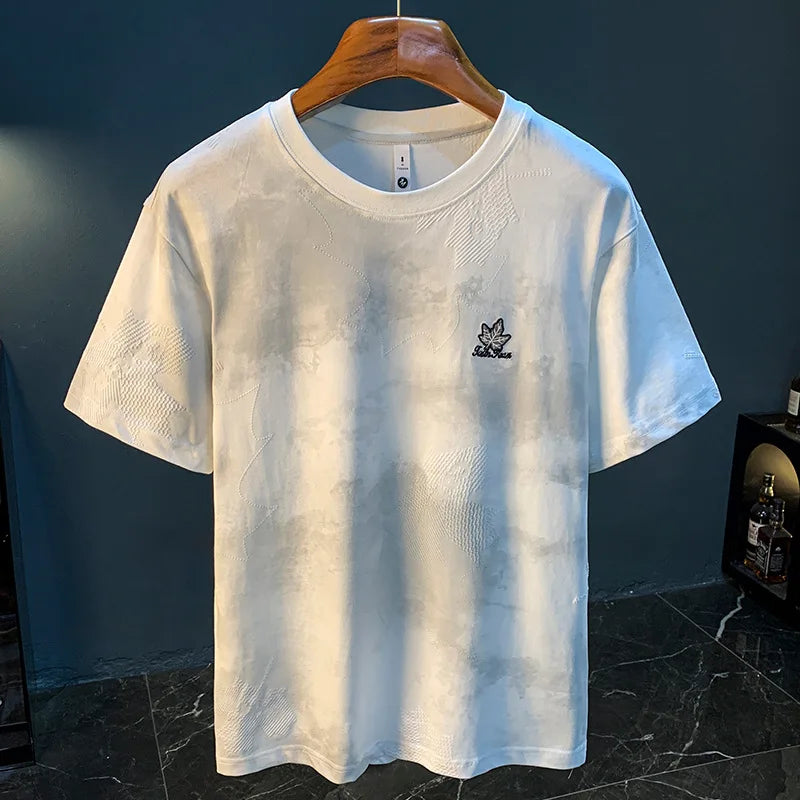 High end embroidered men's short sleeved shirt, summer high-density T-shirt, halo printed loose half sleeved shirt
