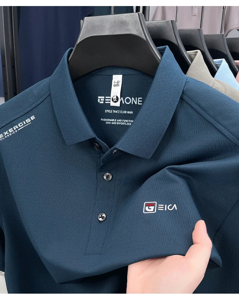 Luxury fashion men's short sleeve polo shirt summer new trend brand symbol embossed silky smooth loose breathable lapel T-shirt