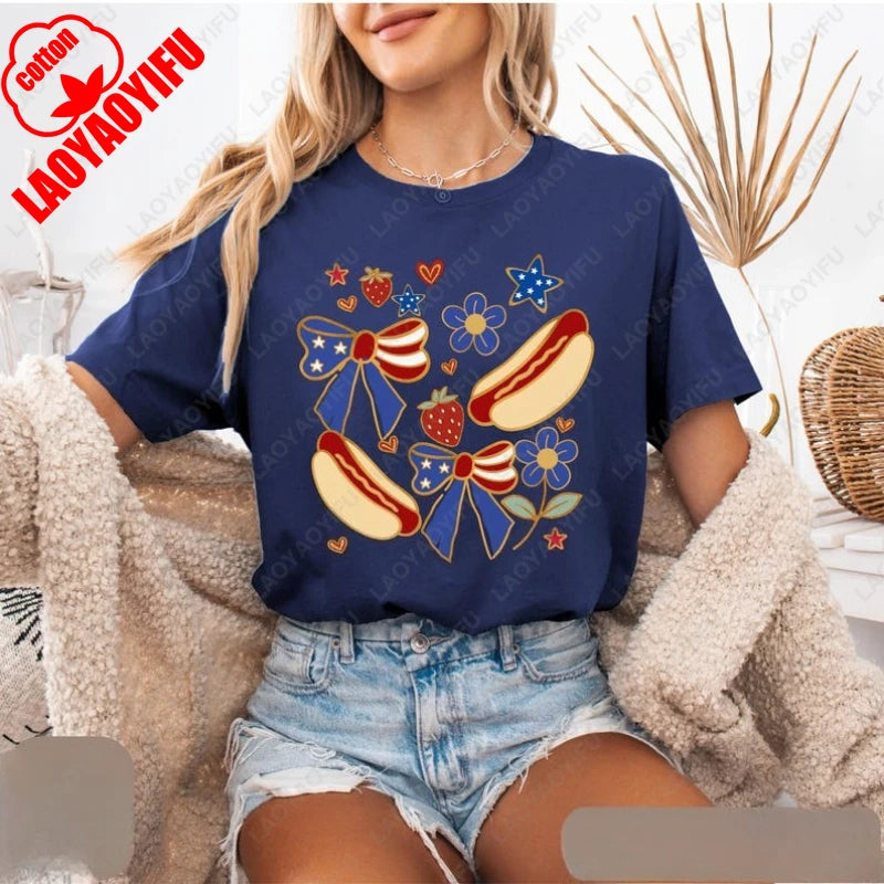 Patriotic Hot Dog 4th of July Tshirt Funny Independence Clothes Day Bow Strawberry Flower Star Pattern Tee Women Wen Cotton Tops