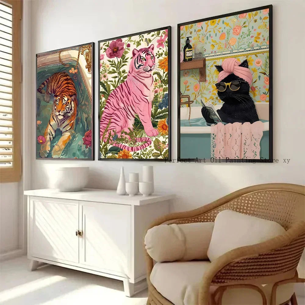 Colorful Bathtub Animal Tiger Zebra Black Cat Aesthetic Poster Paper Print Home Bedroom Entrance Cafe Art Painting Decoration
