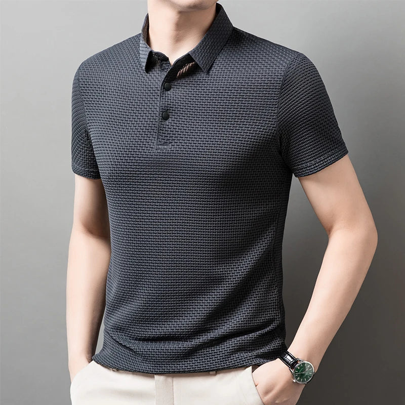 2025 Men's Business Casual Short Sleeved Bone Flower Solid Color POLO Shirt Fashion Breathable Comfortable Summer Versatile Top