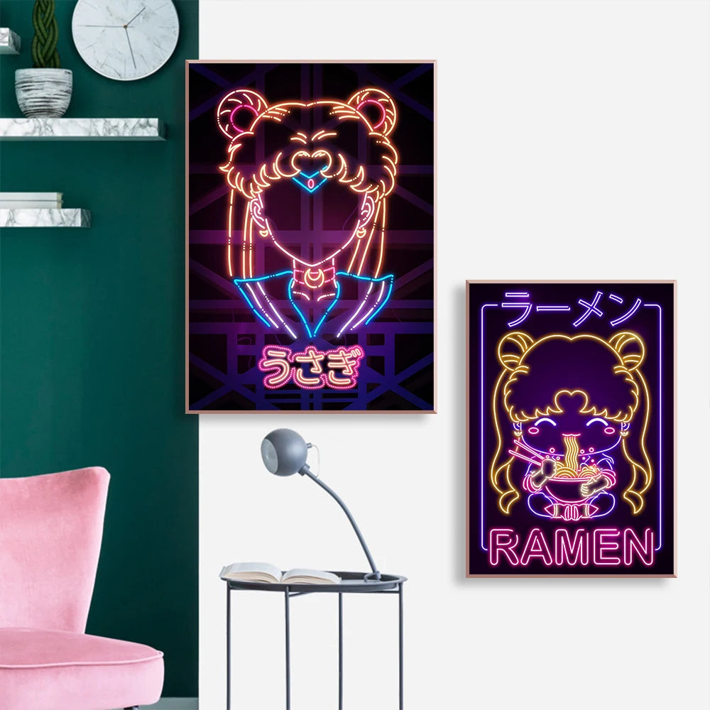 A2 A3 A4 Japanese Anime Neon Poster Sailor Moon Prints Canvas Painting Gamer Character Wall Art Pictures Girls Room Home Decor