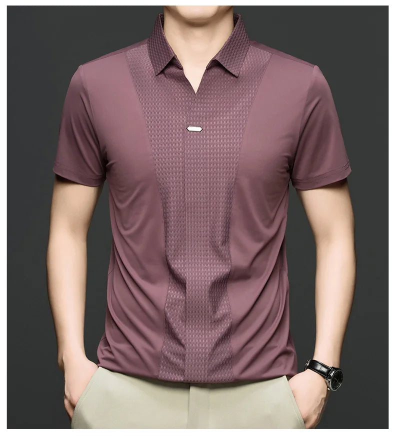 Personality jacquard splicing short sleeve Polo shirt men ice silk breathable high quality fashionable buttonless V-neck T-shirt