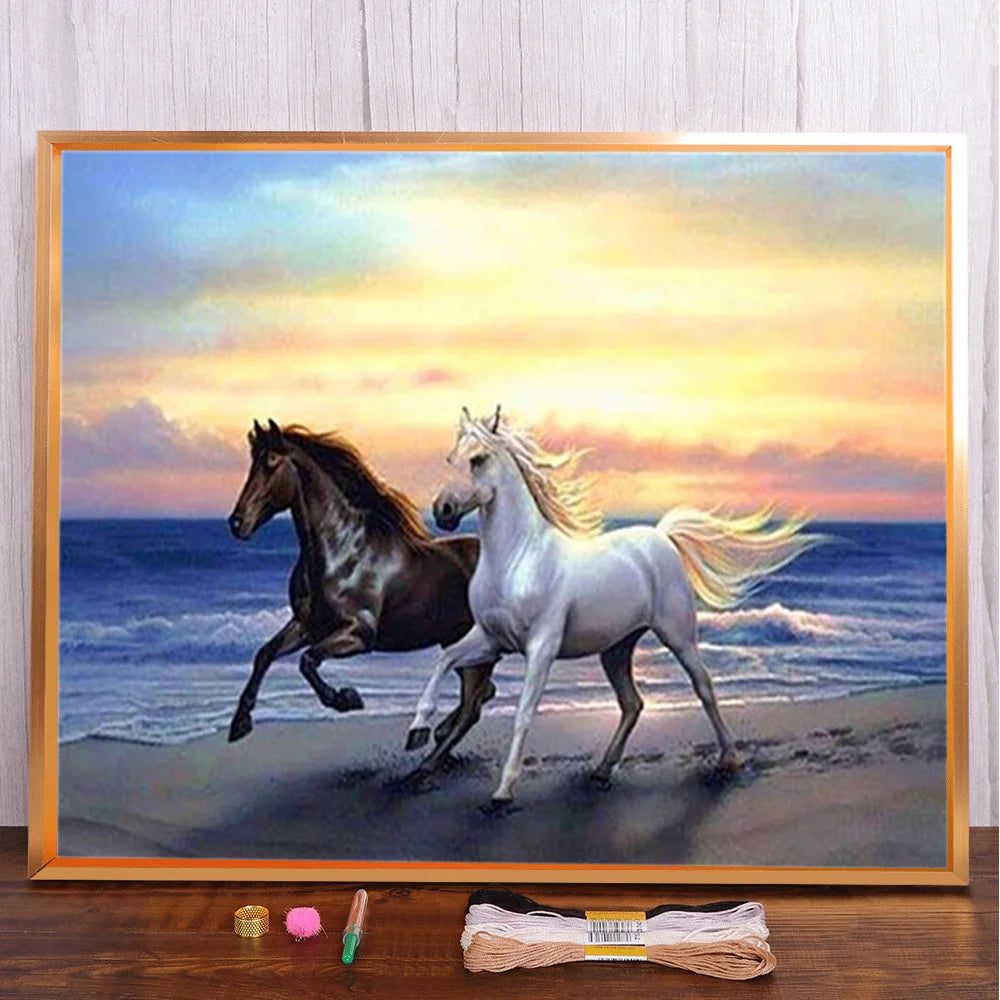 Animal Horse Printed Cross Stitch DIY Embroidery Set DMC Threads Needlework Sewing Handiwork Handicraft Floss Needle Room Decor