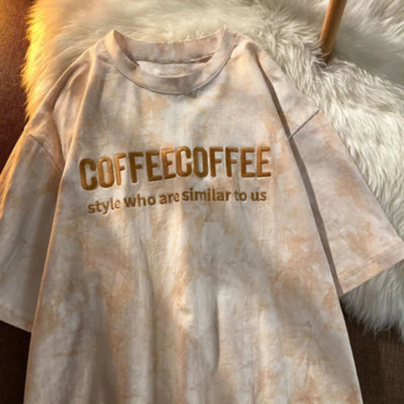 Tie-dye Embroidery Letter Short Sleeve Top Korean Popular Trendy Female T-shirt Summer New 2024 Fashion Y2K Tops