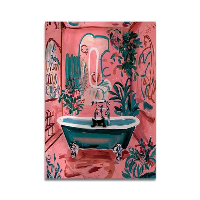 Bathroom Cat Reading on Toilet Canvas Wall Art Print Poster Funny Animal Decor Painting Home Decor Gift Unframed