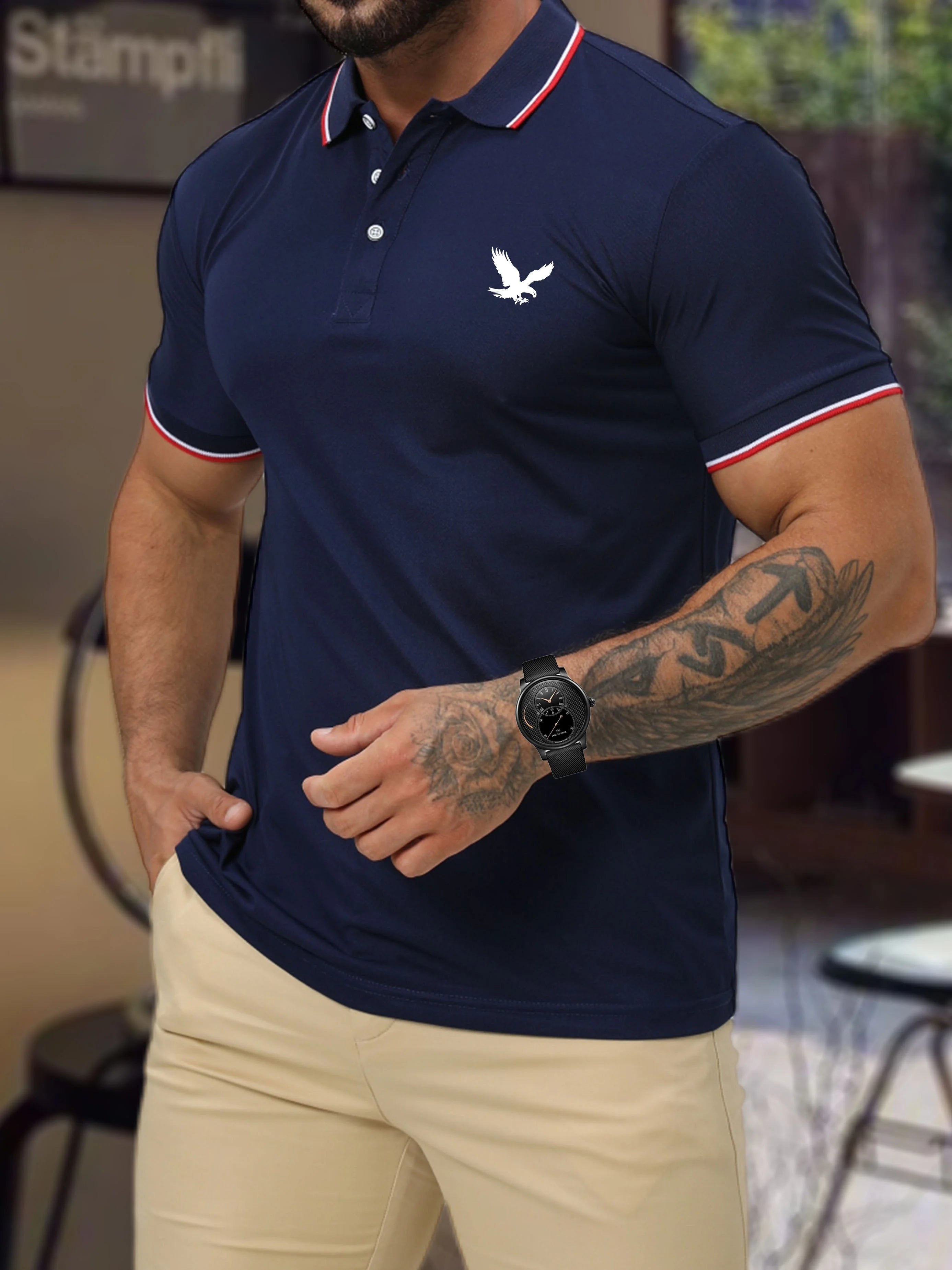 Men's Summer 100 Cotton Eagle Pattern Print Loose Large Casual Polo Collar Short Sleeve POLO Shirt Top