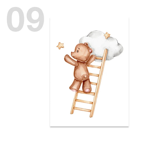Watercolor Cute Teddy Bear and Rabbit Nursery Wall Art Posters and Prints Canvas Paintings Mural Pictures for Baby and Kids Room