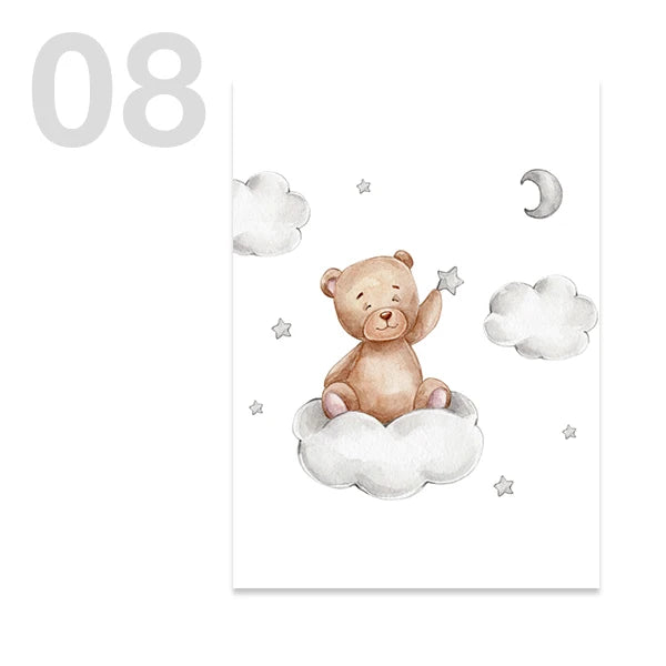 Watercolor Cute Teddy Bear and Rabbit Nursery Wall Art Posters and Prints Canvas Paintings Mural Pictures for Baby and Kids Room