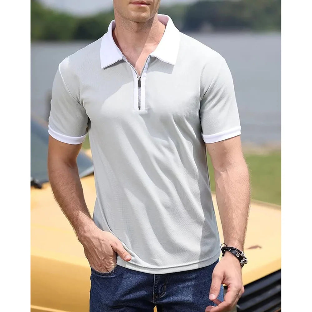 Summer Men's Polo Shirt Contrast Color Half Zipper Turn-down Collar Breathable Short Sleeve Tops Male Casual T-shirts