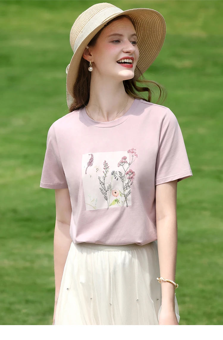 I BELIEVE YOU Women's Pink Top Heat Transfer Pattern Embroidery Round Neck Short Sleeve New Style Summer Chic T-Shirt 2252016049