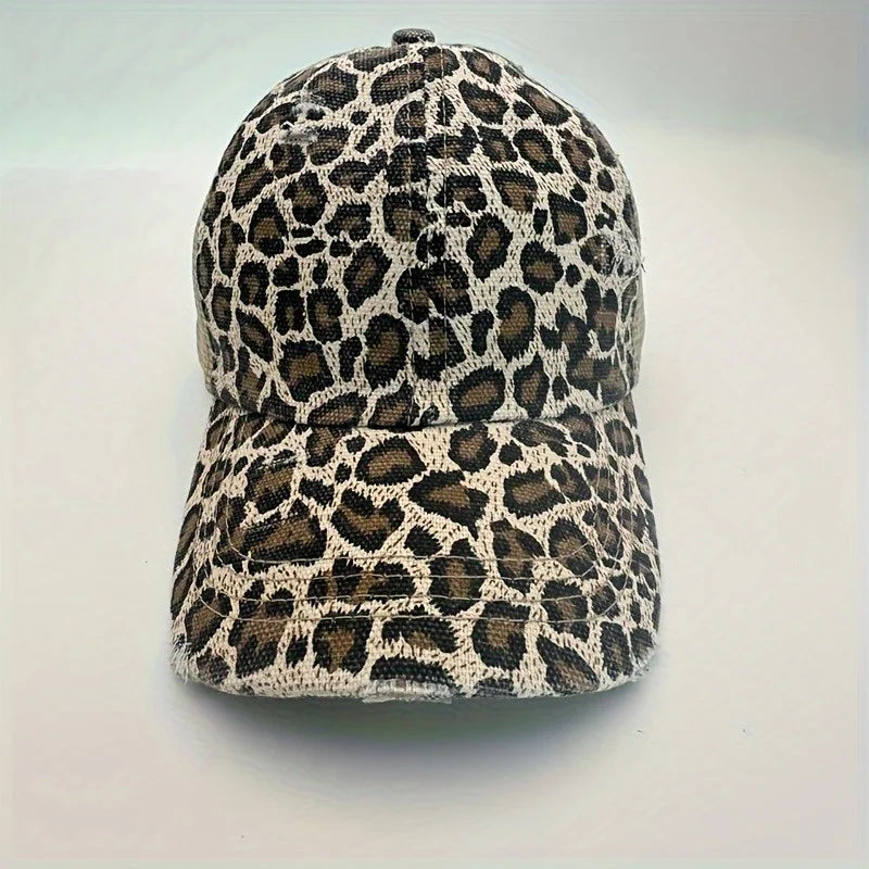 Leopard Print Baseball Cap, Stylish Ponytail Hole, Breathable Mesh Back, Adjustable Trucker Hat for Women - Perfect for Street