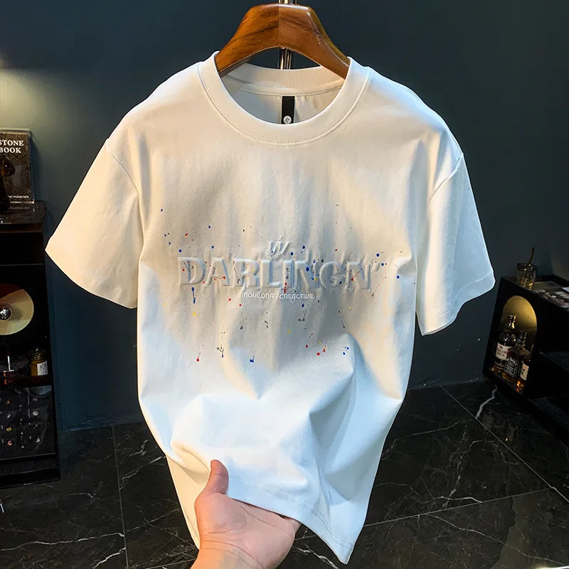 2025 Summer thin fashion high-end printed T-shirt men's 2025 trend embroidered paint splashed short sleeved top