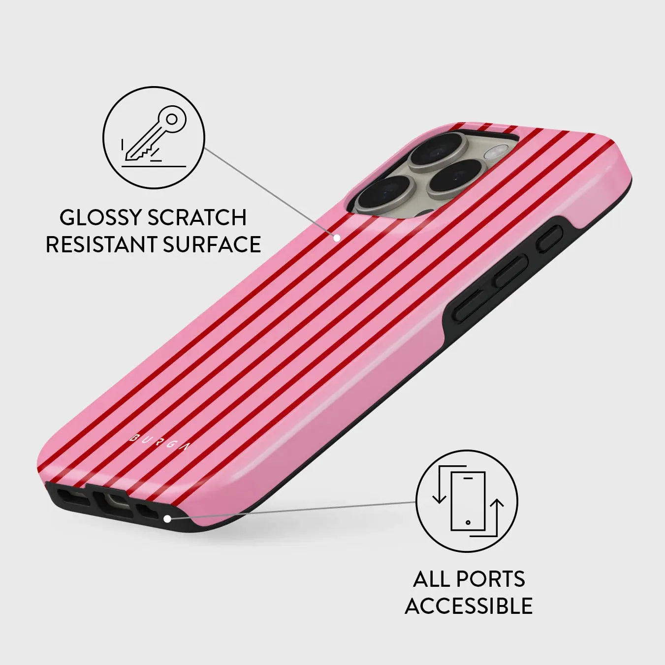 Rose Red Strip BURGA Phone Case for iPhone 16 15 14 13 12 11 X XS XR XSMAX 7 8 Pro Max Plus Luxury Double-layer Back Cover