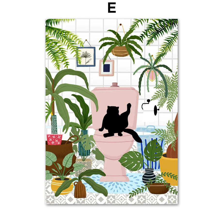 Abstract Green Plants Black Cat Wall Art Canvas Painting Aesthetics Posters And Prints Wall Pictures For Boho Living Room Decor
