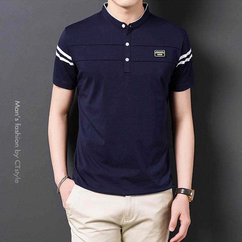 2025 Men's Casual Fashion Solid Color Short Sleeved Polo Shirt Stand Up Collar Versatile Comfortable Top