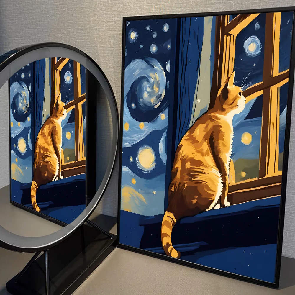 Van Gogh The Starry Night Romantic Black Cat WhitePaper Poster Sticker for Living Room Bar Decorants Aesthetic Art Wall Painting