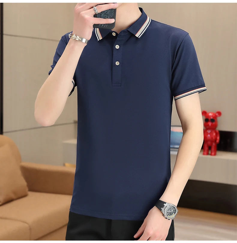 2025 Summer Casual Super Stretch Polo T-Shirt Men Turn Down Collar Slim Fit Solid Color Golf Top For Men Plus Size 4XL