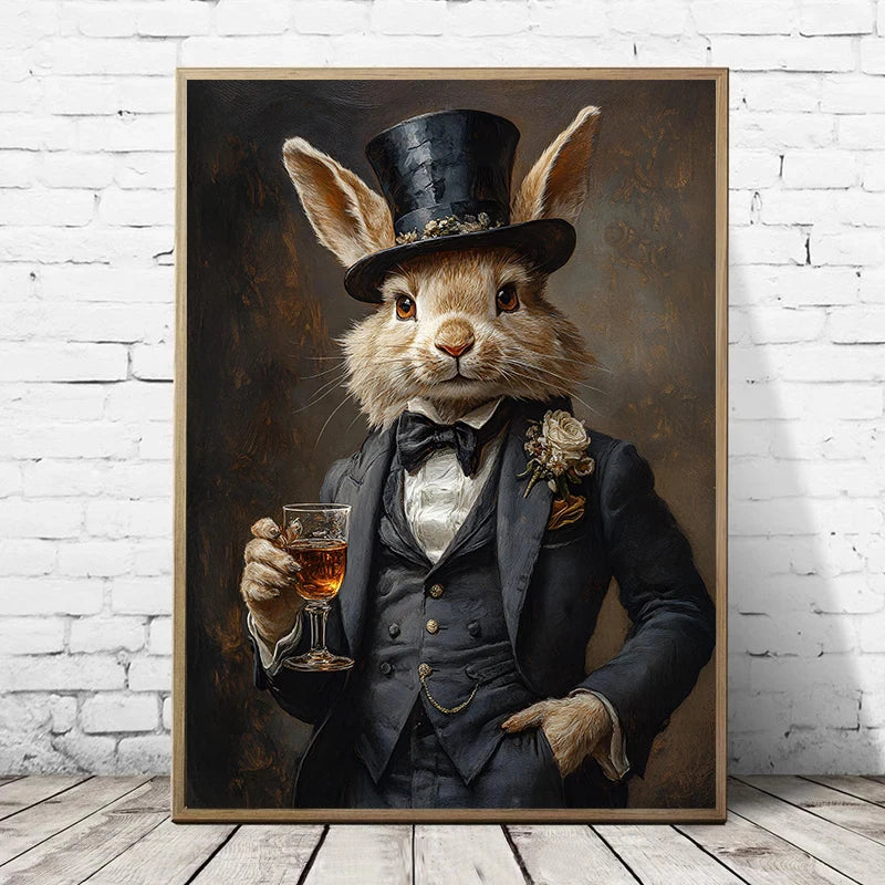 Retro Gentleman Rabbit Crocodile Portrait Renaissance Animals Human Body Poster Canvas Painting Wall Art Pictures Home Decor