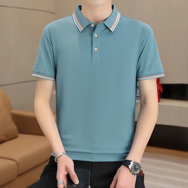 2025 Summer Casual Super Stretch Polo T-Shirt Men Turn Down Collar Slim Fit Solid Color Golf Top For Men Plus Size 4XL