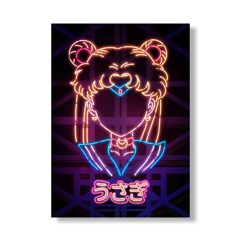A2 A3 A4 Japanese Anime Neon Poster Sailor Moon Prints Canvas Painting Gamer Character Wall Art Pictures Girls Room Home Decor