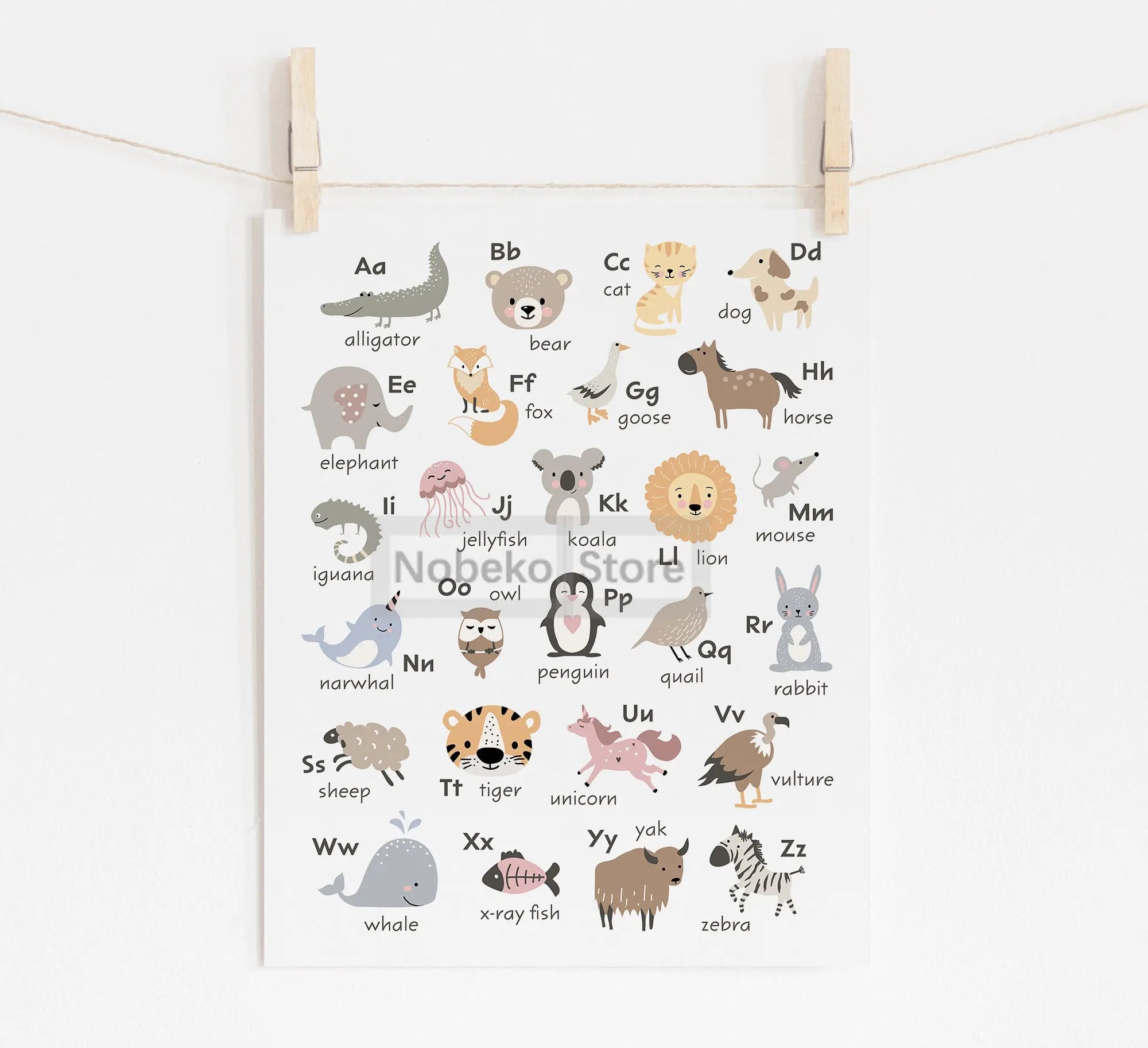 Animal Alphabet Educational Posters Watercolor Animals Prints Canvas Wall Art Pictures Neutral Nursery and Playroom Decoration
