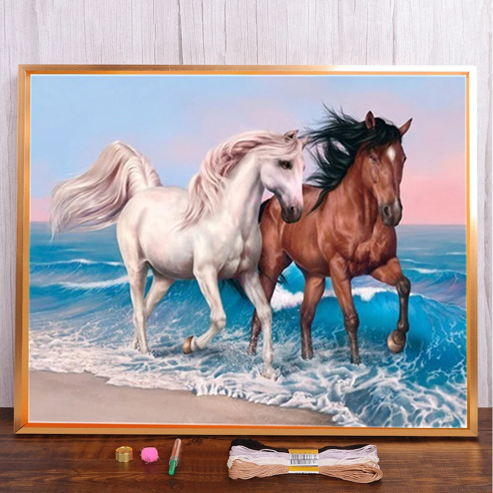 Animal Horse Printed 11CT Cross Stitch Patterns Embroidery DMC Threads Knitting Painting Needlework Hobby Counted Design Mulina