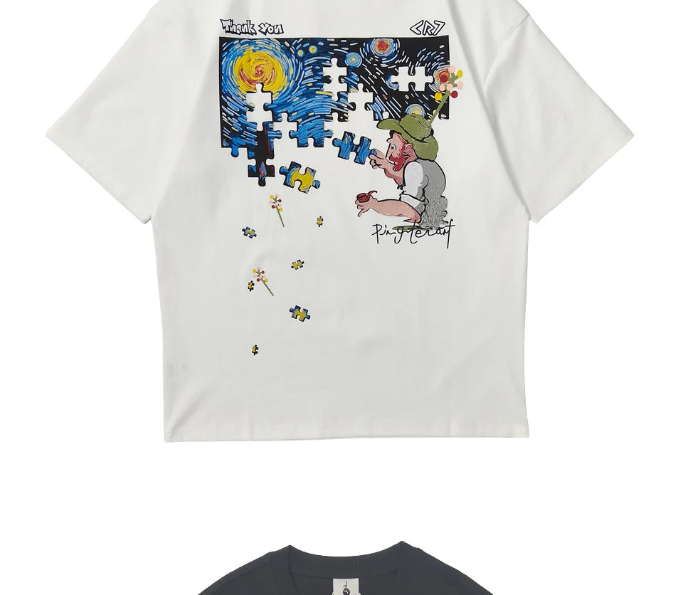 Embroidered short sleeved T-shirt Men's 2025 New Summer trend Jigsaw print loose Tee Casual versatile tops clothing