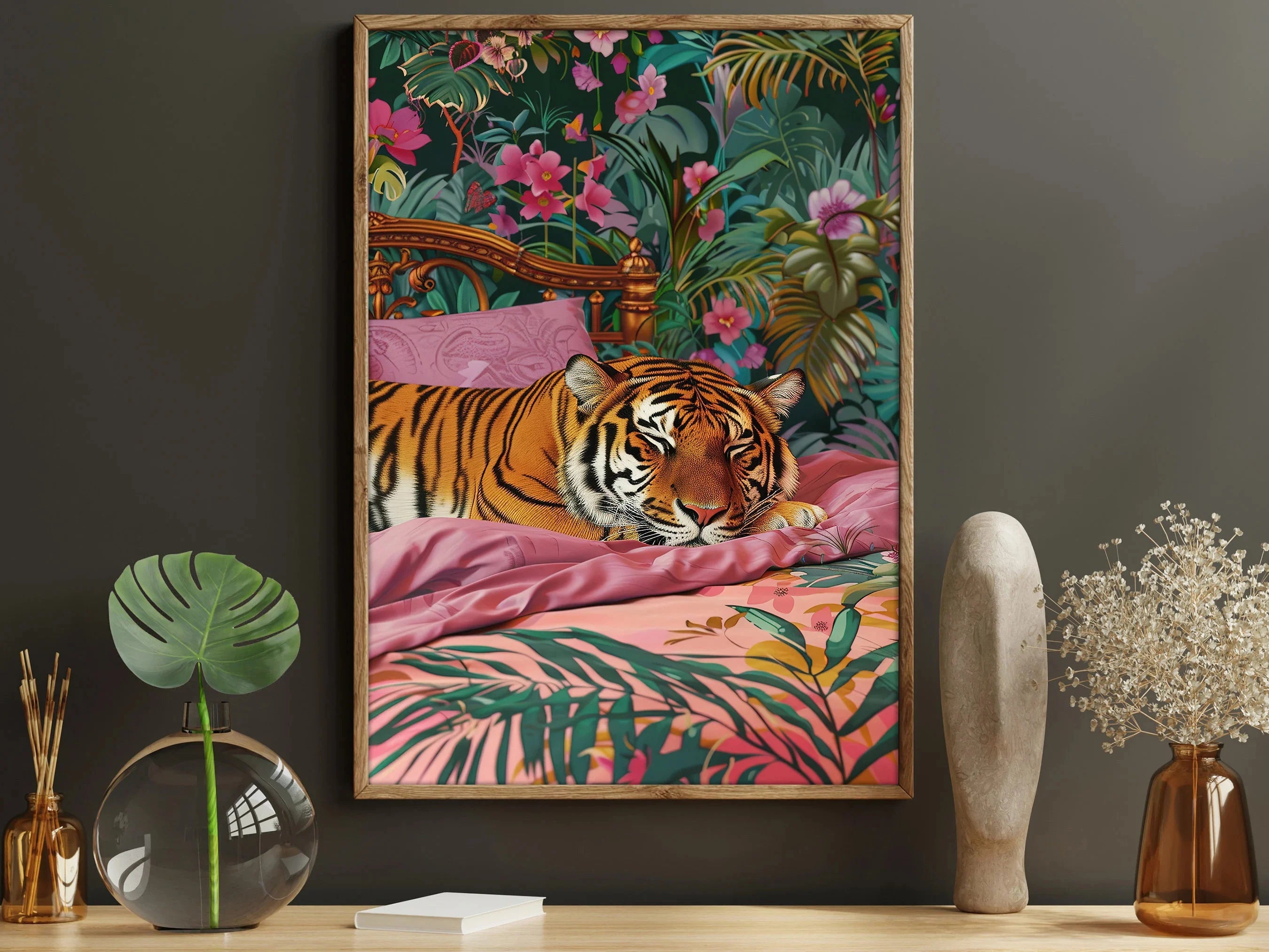 Pop Lovely Wildlife Wall Art Canvas Print Leopard Tiger Sleep On Bed Painting Deer Rabbit In Flowers Poster Home Decoration