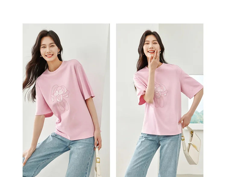 Vimly Summer Short Sleeve Women's T-shirt Simple Round Neck Straight Loose Casual Embroidery Cotton Top Basic Tees M5617