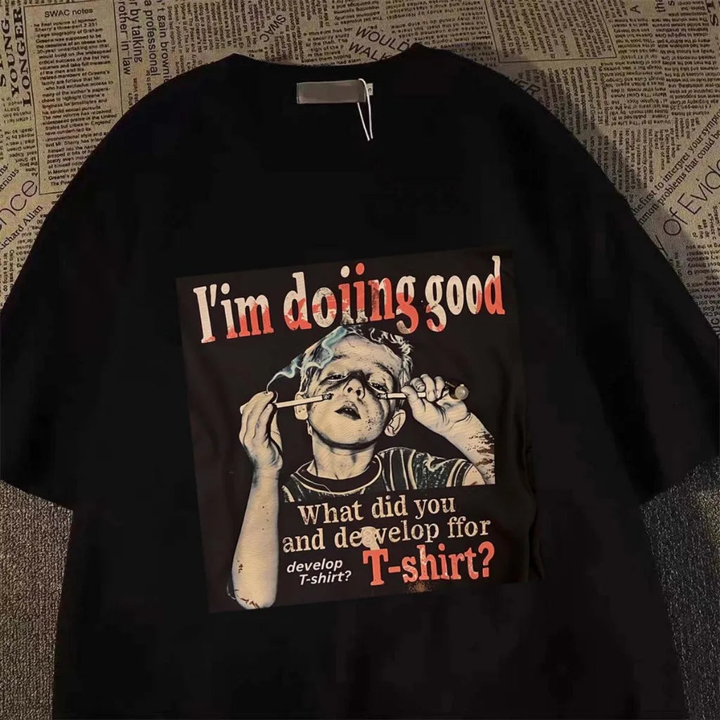 Fashion Hip Hop Smoking boy Print T-shirt Men Summer 100%Cotton Short Sleeve T-shirt Casual Y2k Top Cool Streetwear Men clothing