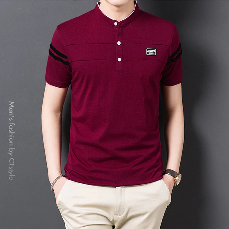 2025 Men's Casual Fashion Solid Color Short Sleeved Polo Shirt Stand Up Collar Versatile Comfortable Top