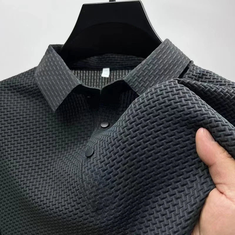 2025 Men's Business Casual Short Sleeved Bone Flower Solid Color POLO Shirt Fashion Breathable Comfortable Summer Versatile Top