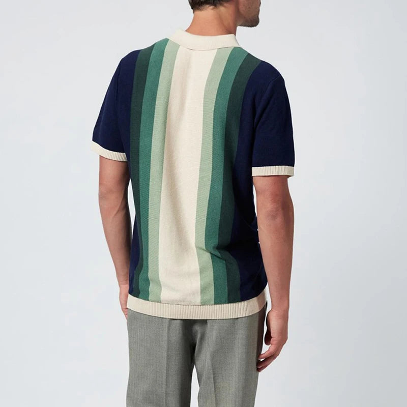 Vintage Patchwork Buttoned Lapel Mens Polo Shirts Knitting Short Sleeve Slim Fit Pullovers Men Summer Casual Knitted Polo Shirt