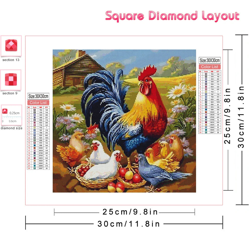 Huacan Full Diamond Mosaic Animal Chicken 5d Drill Painting Landscape Kit Farm Embroidery Sunflower Home Decoration Diy Gift