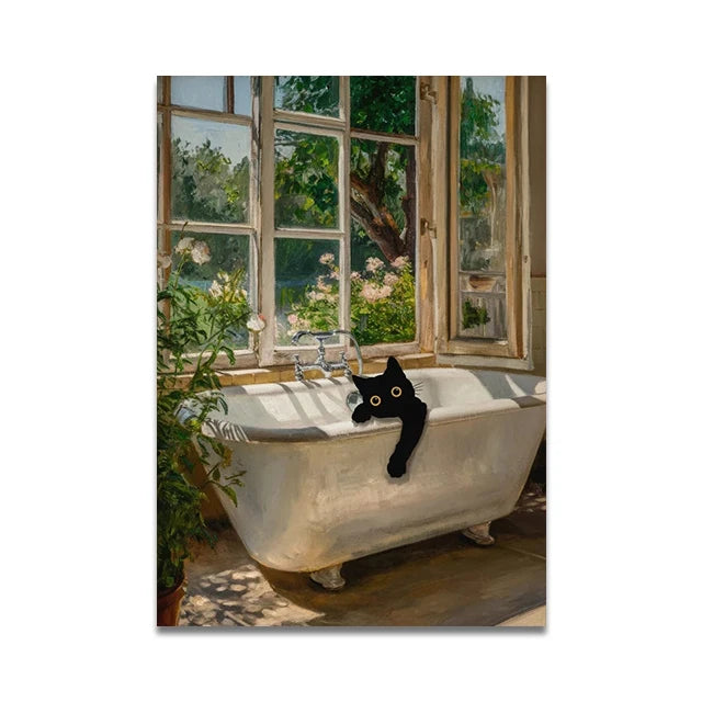 Bathroom Cat Reading on Toilet Canvas Wall Art Print Poster Funny Animal Decor Painting Home Decor Gift Unframed