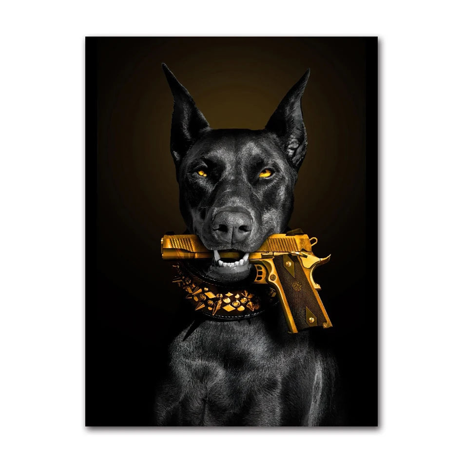 Modern Fashion Black Doberman Dog with Golden Pistol Poster Canvas Painting Luxury Animal Wall Art Picture for Living Room Decor