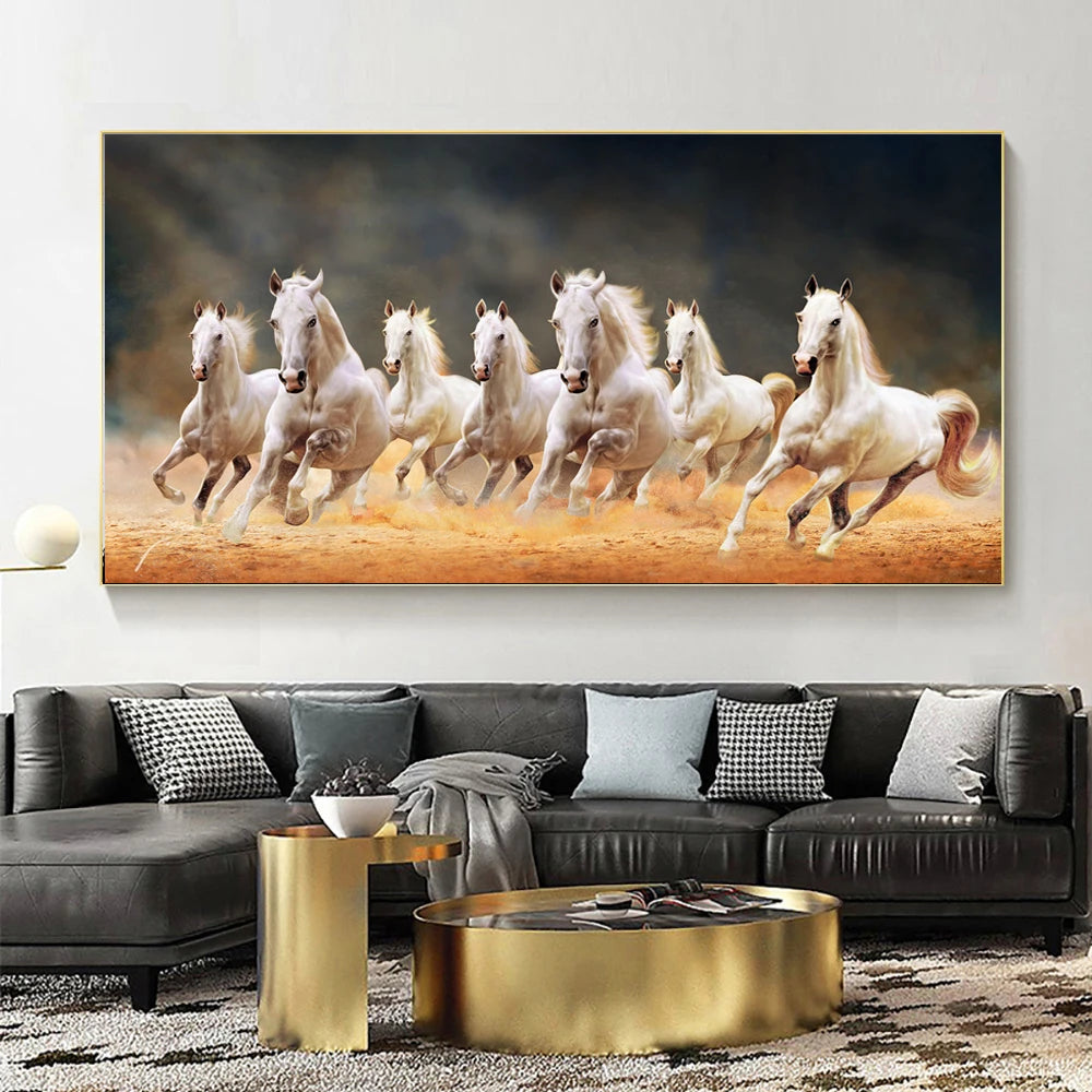 7 White Running Horses Canvas Painting Animal Posters and Prints Wall Art Picture